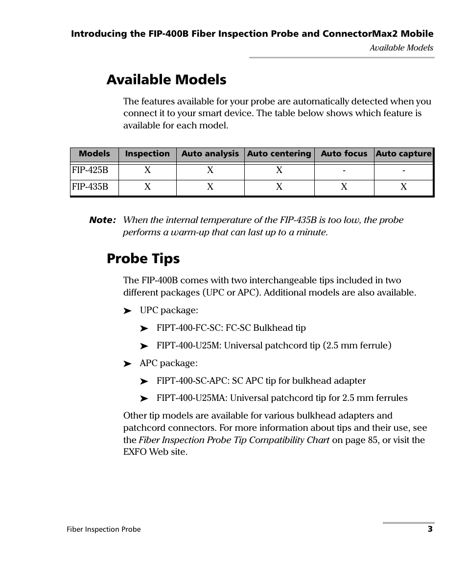 Available models, Probe tips, Available models probe tips | EXFO FIP-425B/435B Fiber Inspection Probe and ConnectorMax2 Mobile User Manual | Page 11 / 103