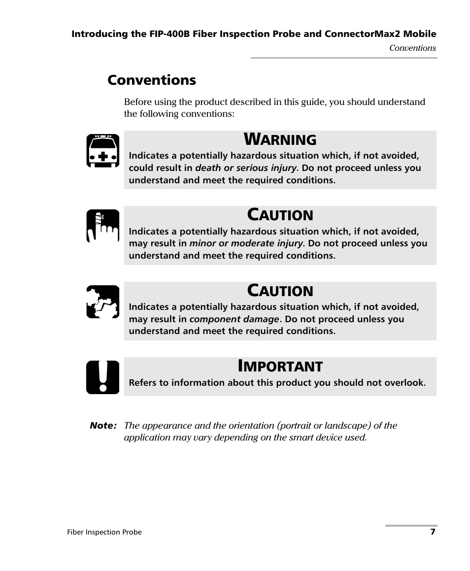 Conventions, Arning, Aution | Mportant | EXFO FIP-425B/435B Fiber Inspection Probe and ConnectorMax2 Mobile User Manual | Page 15 / 103