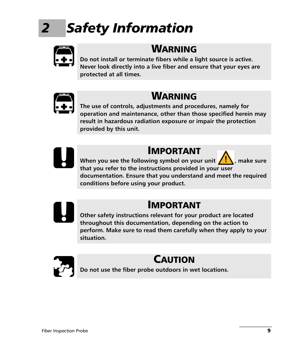 2 safety information, 2safety information | EXFO FIP-425B/435B Fiber Inspection Probe and ConnectorMax2 Mobile User Manual | Page 17 / 103