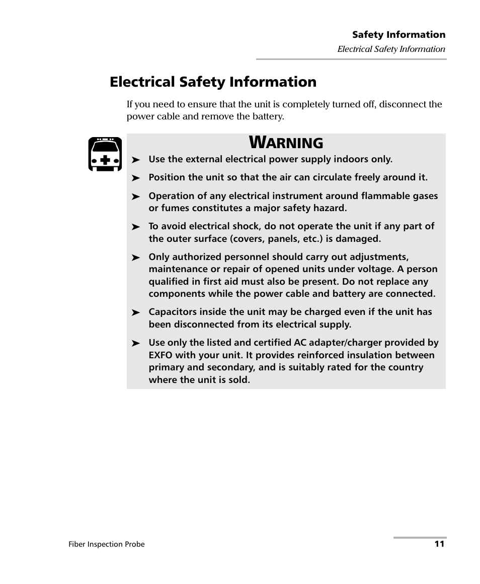 Electrical safety information, Arning | EXFO FIP-425B/435B Fiber Inspection Probe and ConnectorMax2 Mobile User Manual | Page 19 / 103