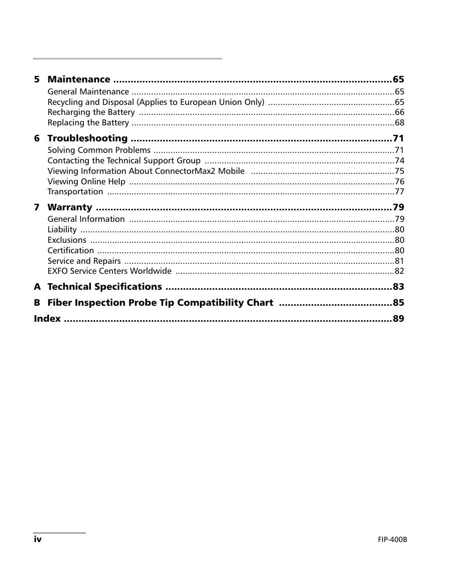 EXFO FIP-425B/435B Fiber Inspection Probe and ConnectorMax2 Mobile User Manual | Page 4 / 103