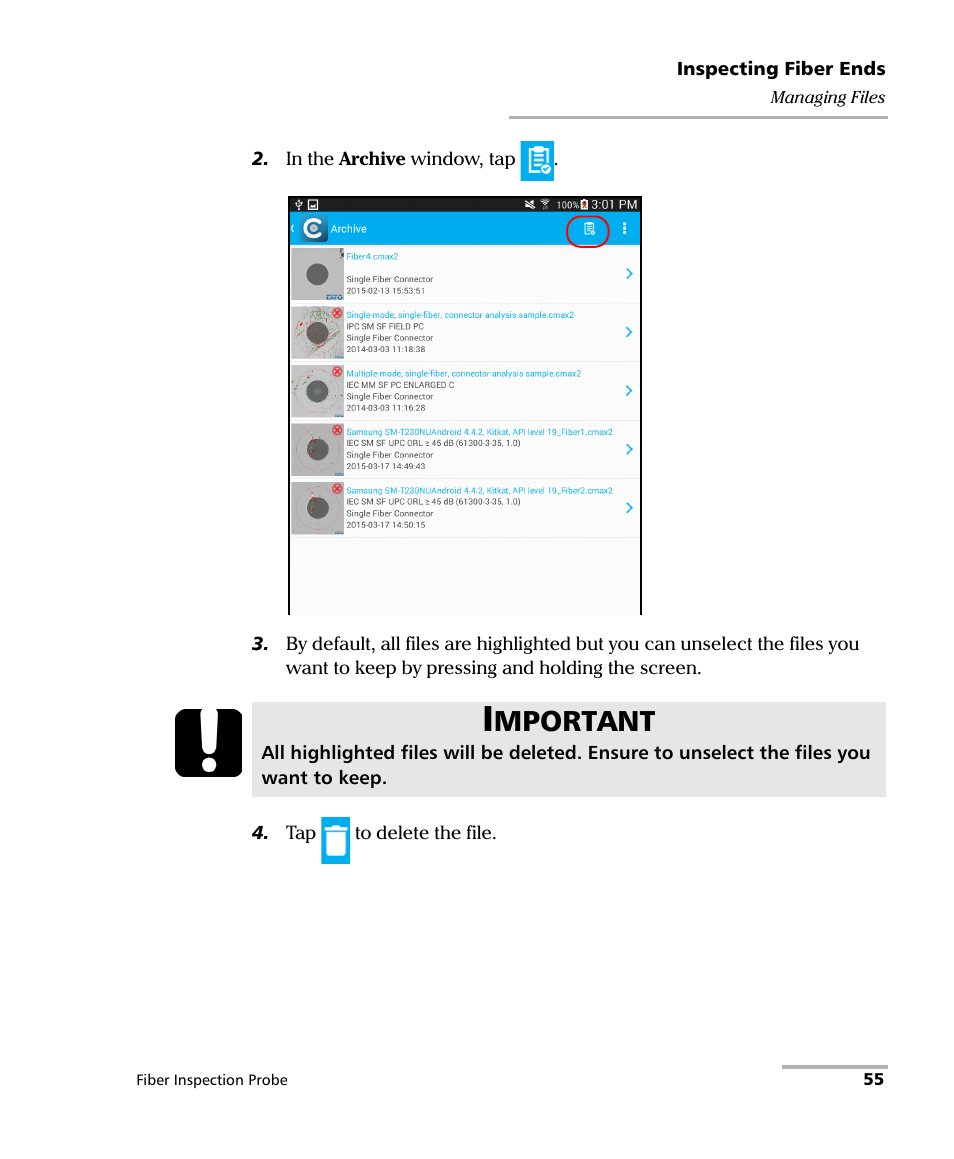 Mportant | EXFO FIP-425B/435B Fiber Inspection Probe and ConnectorMax2 Mobile User Manual | Page 63 / 103