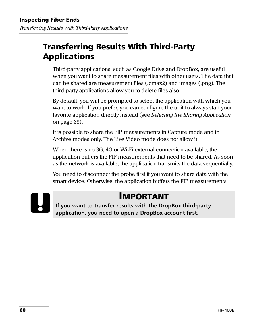 Transferring results with third-party applications, Mportant | EXFO FIP-425B/435B Fiber Inspection Probe and ConnectorMax2 Mobile User Manual | Page 68 / 103
