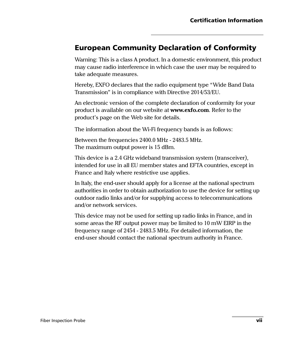 European community declaration of conformity | EXFO FIP-425B/435B Fiber Inspection Probe and ConnectorMax2 Mobile User Manual | Page 7 / 103