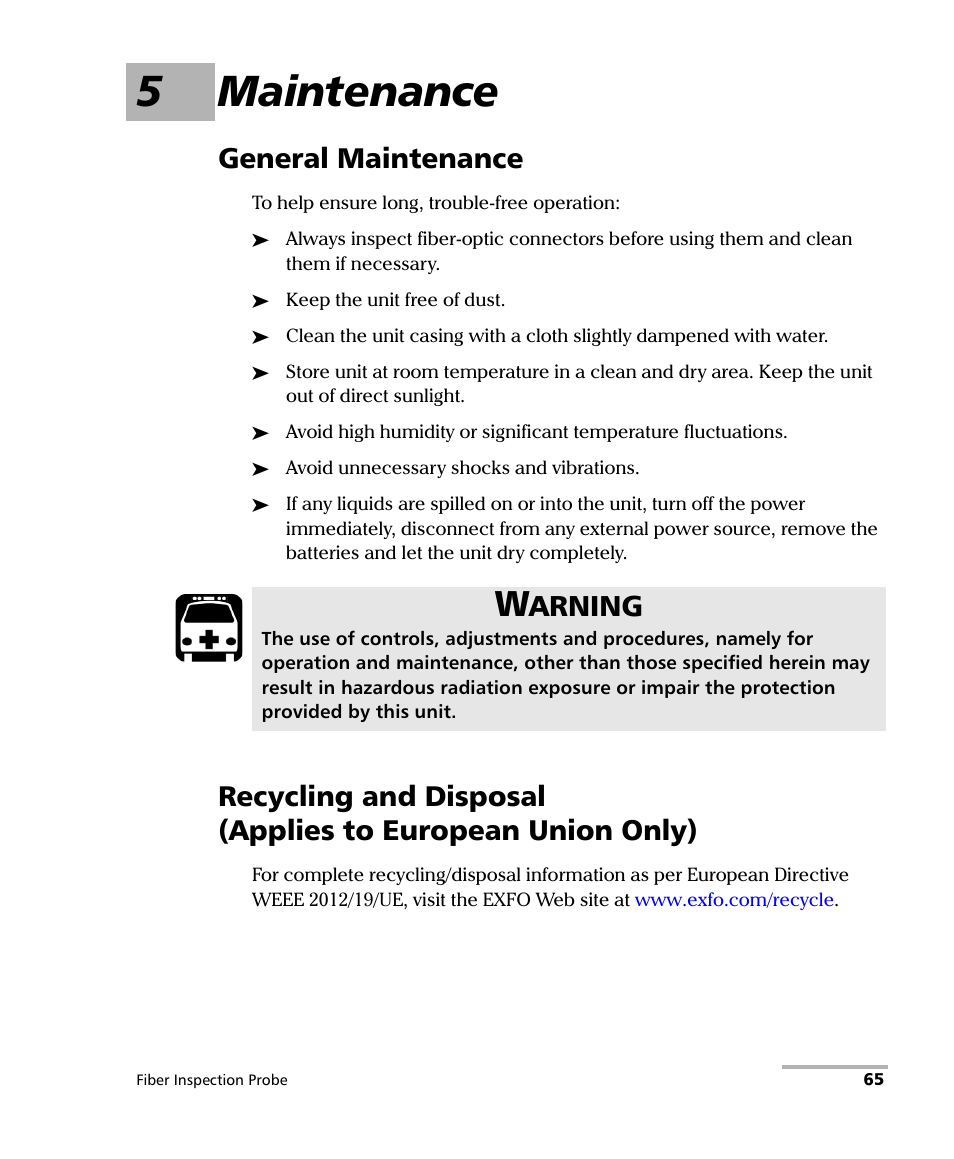 5 maintenance, General maintenance, 5maintenance | Arning | EXFO FIP-425B/435B Fiber Inspection Probe and ConnectorMax2 Mobile User Manual | Page 73 / 103