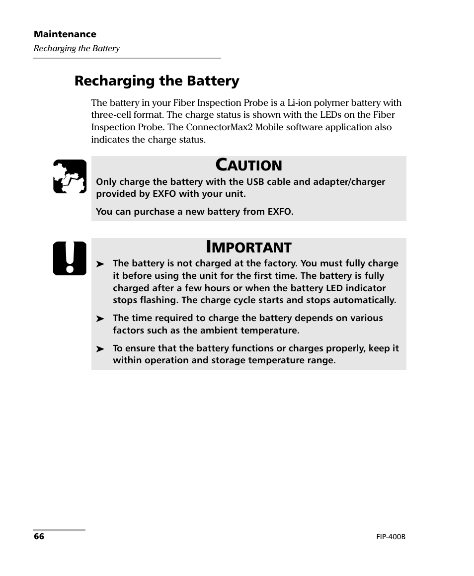 Recharging the battery, Aution, Mportant | EXFO FIP-425B/435B Fiber Inspection Probe and ConnectorMax2 Mobile User Manual | Page 74 / 103