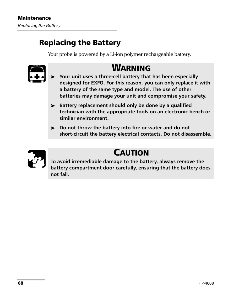 Replacing the battery, Arning, Aution | EXFO FIP-425B/435B Fiber Inspection Probe and ConnectorMax2 Mobile User Manual | Page 76 / 103