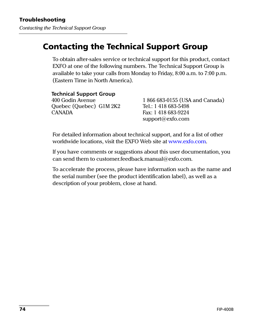 Contacting the technical support group | EXFO FIP-425B/435B Fiber Inspection Probe and ConnectorMax2 Mobile User Manual | Page 82 / 103