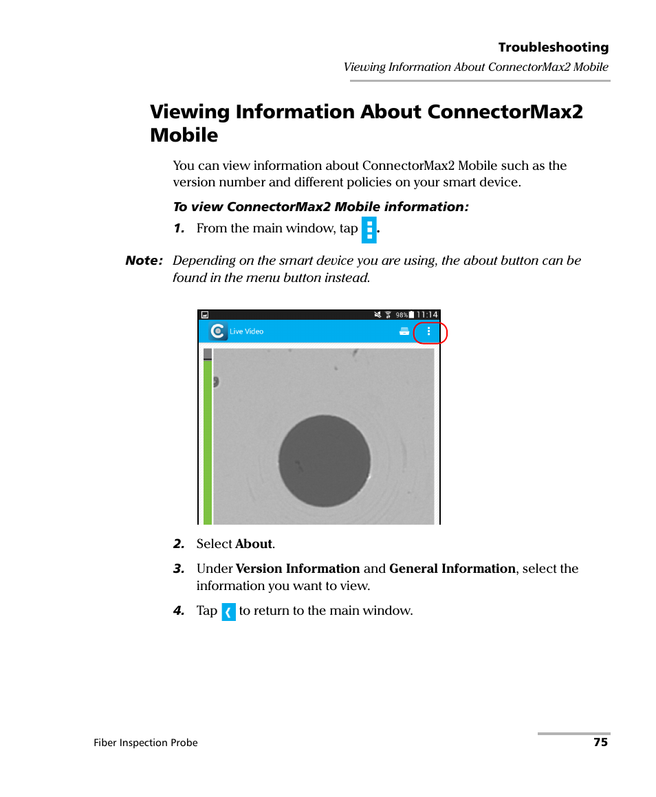Viewing information about connectormax2 mobile | EXFO FIP-425B/435B Fiber Inspection Probe and ConnectorMax2 Mobile User Manual | Page 83 / 103
