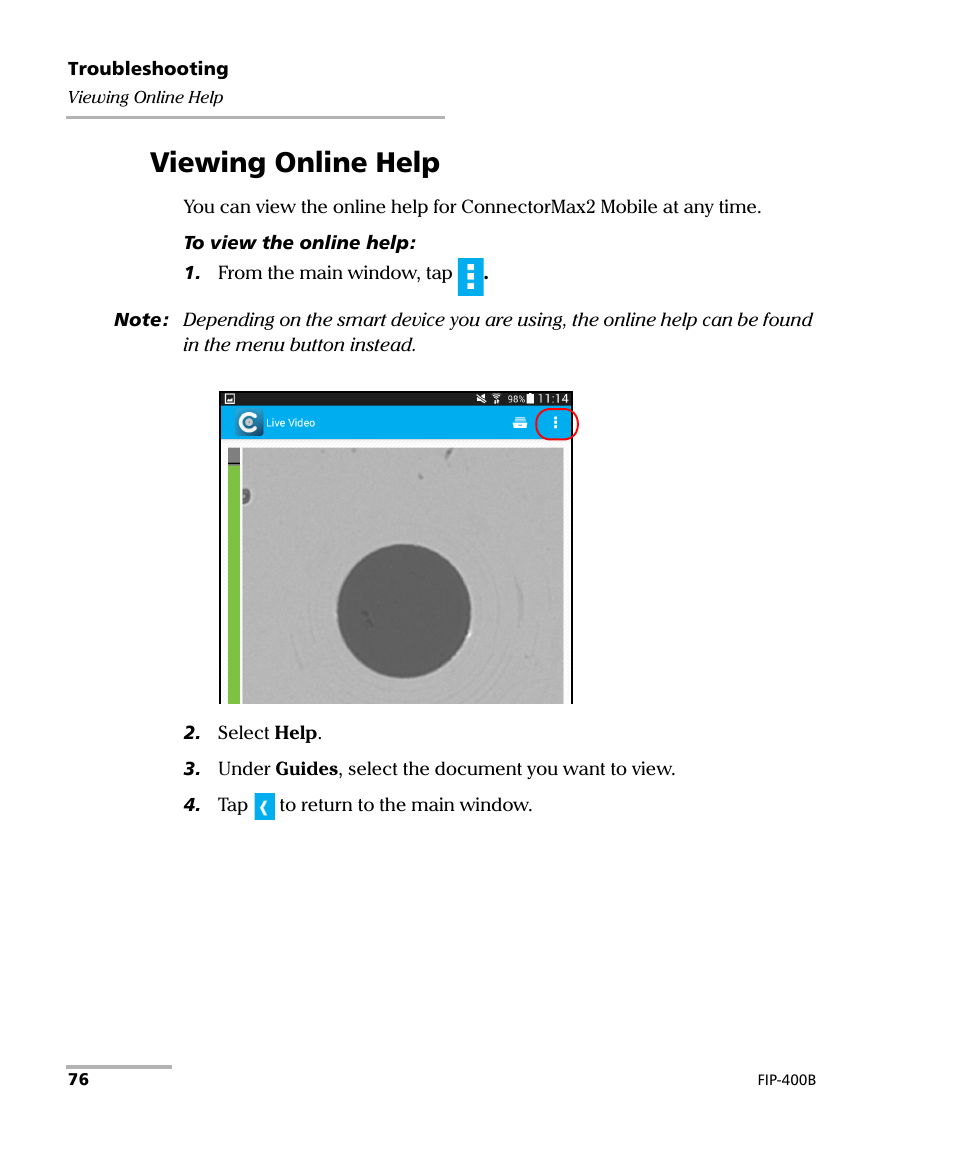 Viewing online help | EXFO FIP-425B/435B Fiber Inspection Probe and ConnectorMax2 Mobile User Manual | Page 84 / 103