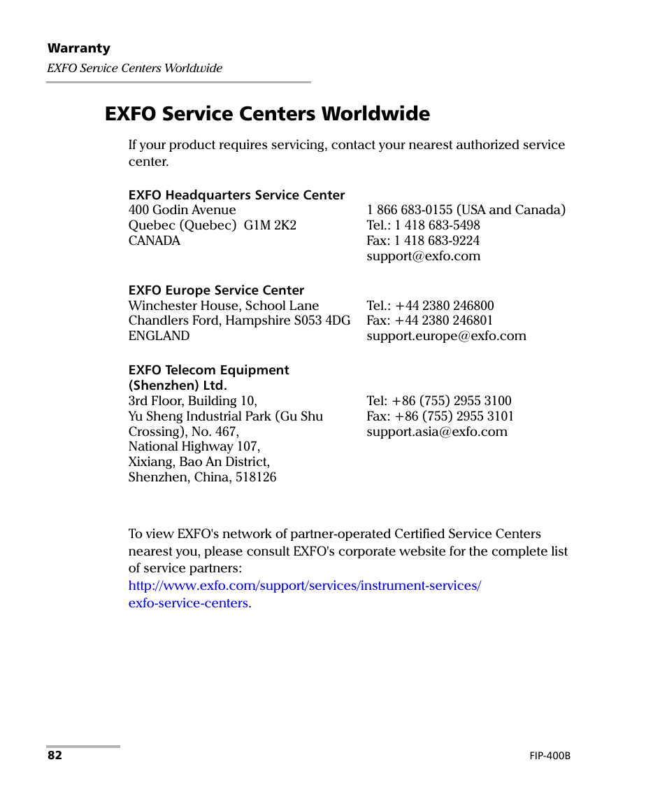 Exfo service centers worldwide | EXFO FIP-425B/435B Fiber Inspection Probe and ConnectorMax2 Mobile User Manual | Page 90 / 103