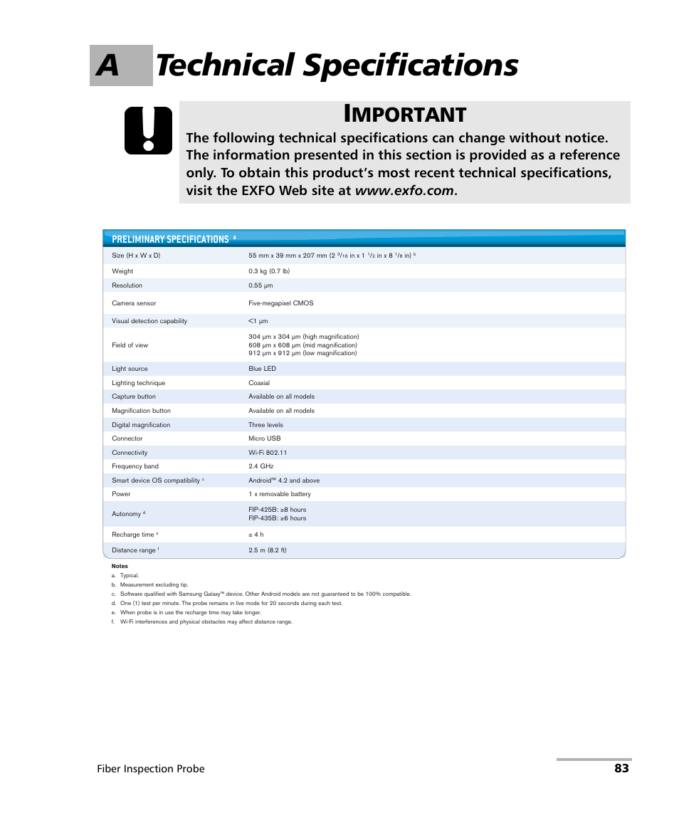 A technical specifications, Mportant, Preliminary specifications | Fiber inspection probe | EXFO FIP-425B/435B Fiber Inspection Probe and ConnectorMax2 Mobile User Manual | Page 91 / 103