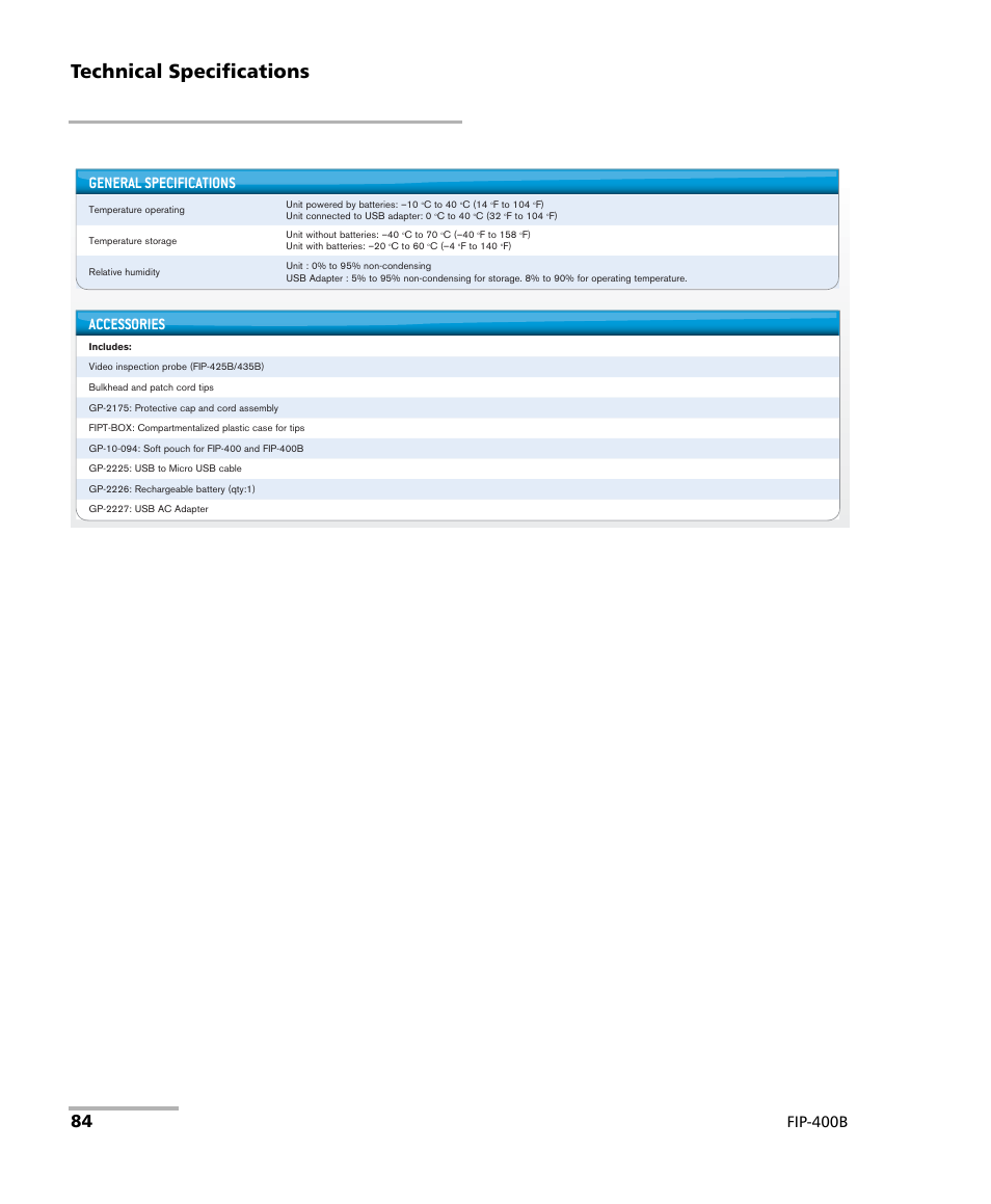 Technical specifications, General specifications, Accessories | Fip-400b | EXFO FIP-425B/435B Fiber Inspection Probe and ConnectorMax2 Mobile User Manual | Page 92 / 103