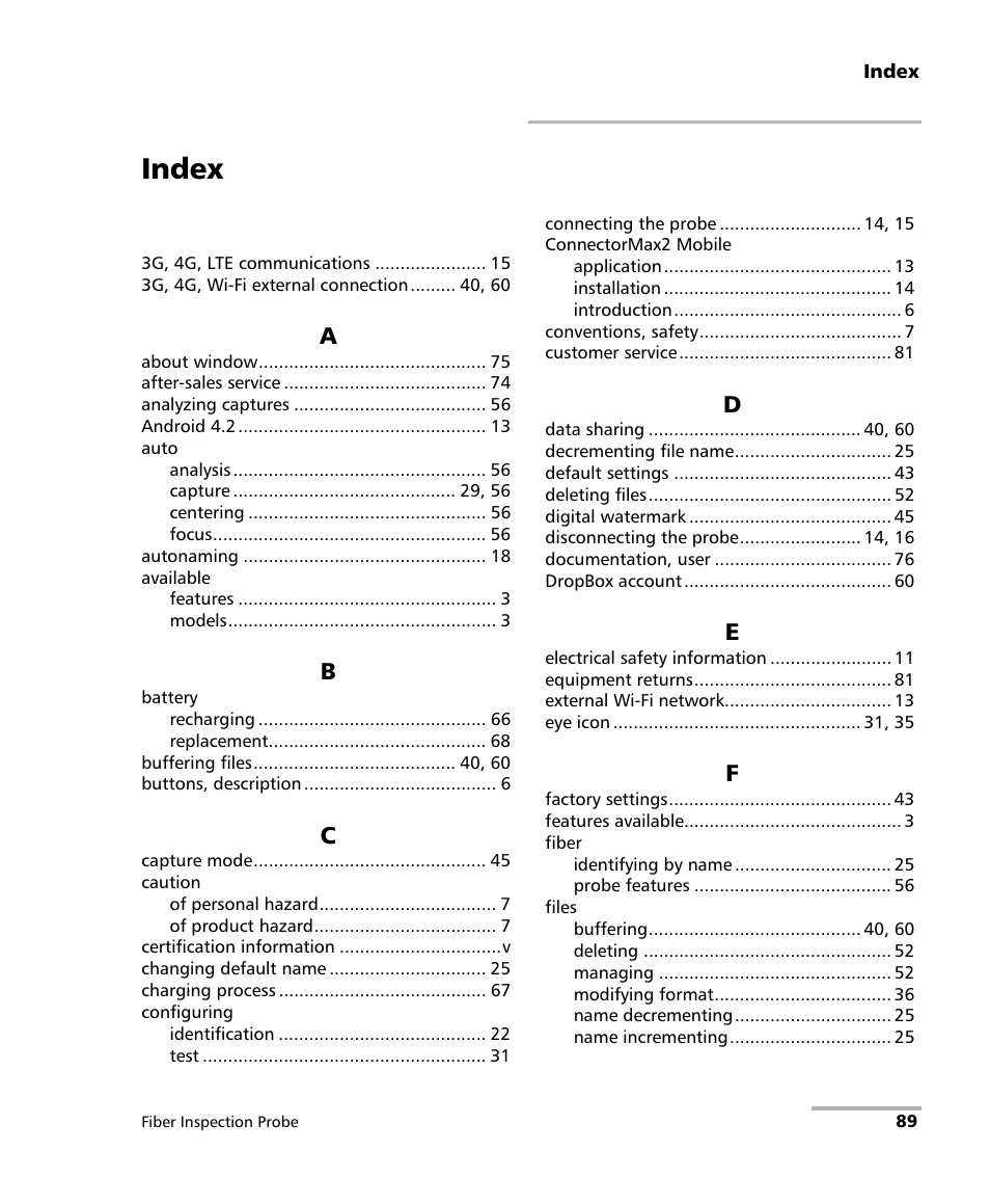 Index | EXFO FIP-425B/435B Fiber Inspection Probe and ConnectorMax2 Mobile User Manual | Page 97 / 103