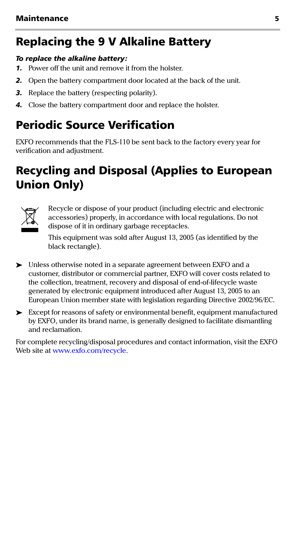 Replacing the 9 v alkaline battery, Periodic source verification | EXFO FLS-110 Optical Polarized Source User Manual | Page 10 / 18