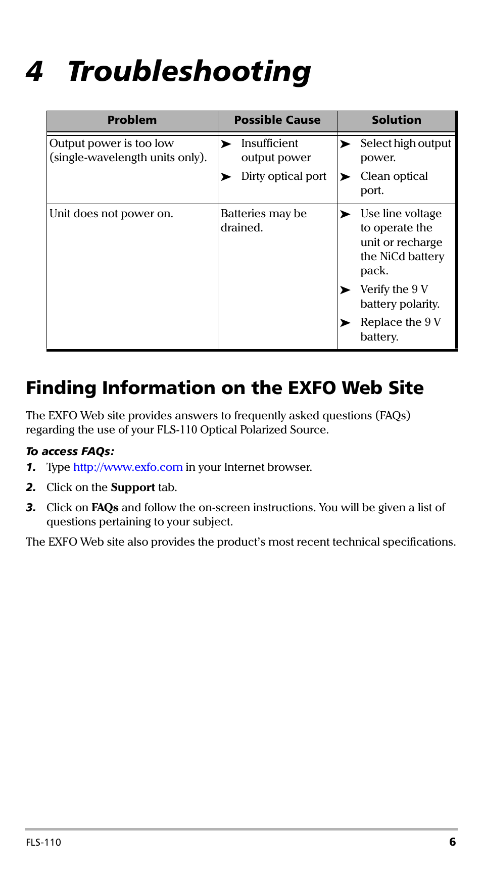 4 troubleshooting, Finding information on the exfo web site | EXFO FLS-110 Optical Polarized Source User Manual | Page 11 / 18