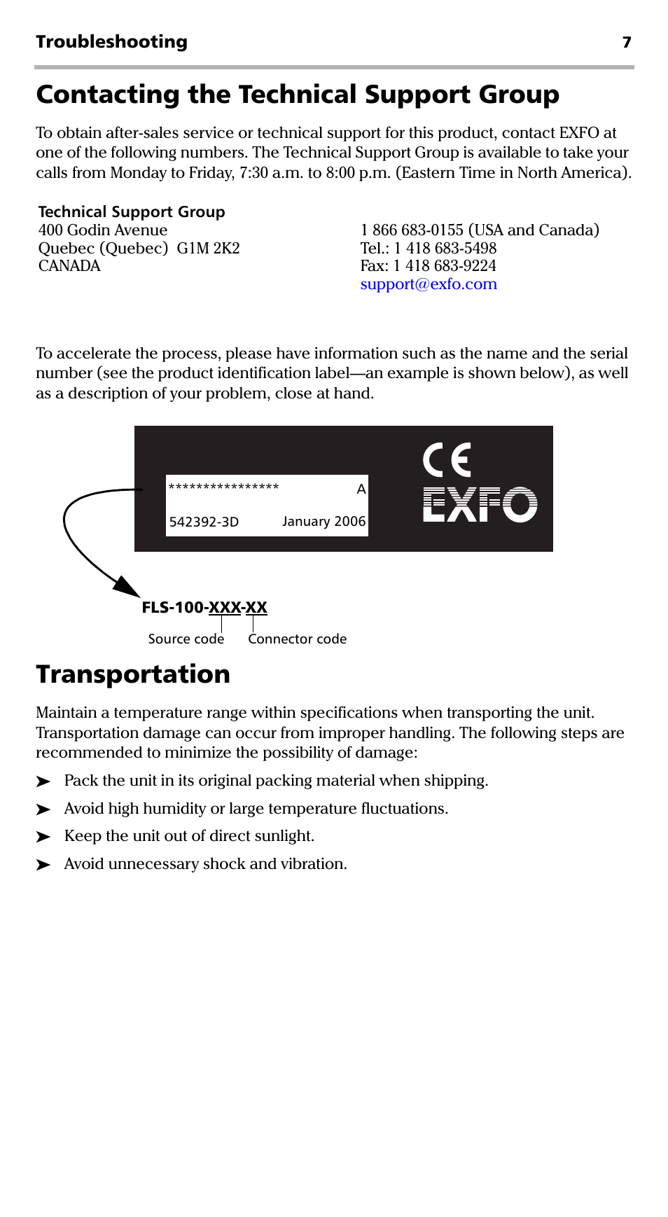 Contacting the technical support group, Transportation, Troubleshooting | EXFO FLS-110 Optical Polarized Source User Manual | Page 12 / 18