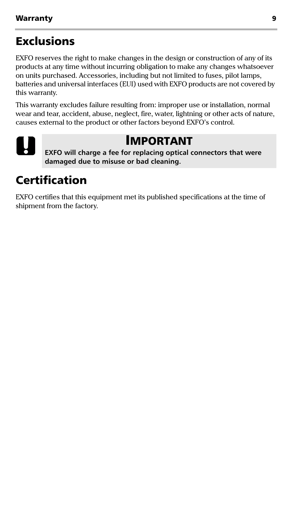 Exclusions, Certification, Exclusions certification | Mportant | EXFO FLS-110 Optical Polarized Source User Manual | Page 14 / 18