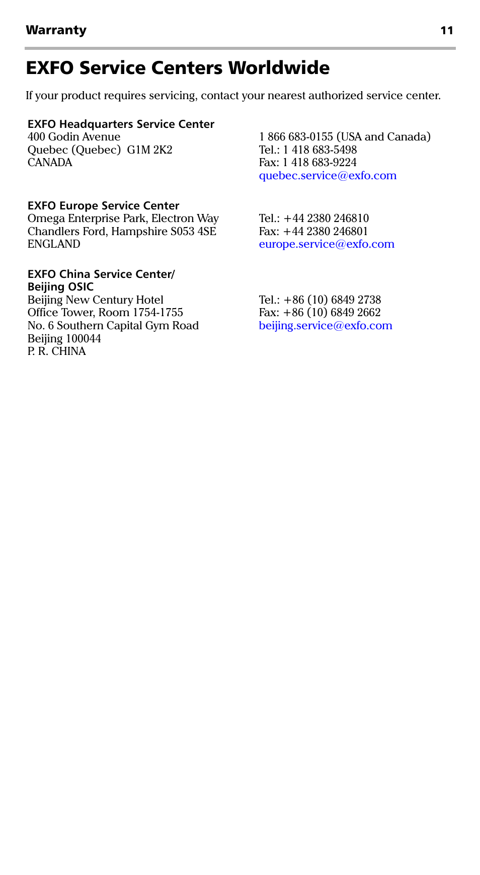 Exfo service centers worldwide | EXFO FLS-110 Optical Polarized Source User Manual | Page 16 / 18