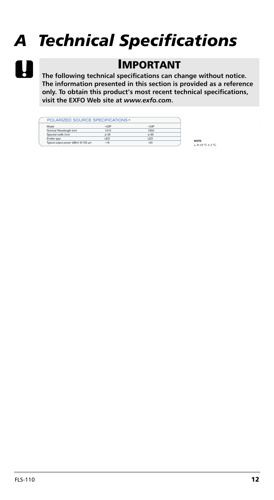 A technical specifications, Mportant, Fls-110 | EXFO FLS-110 Optical Polarized Source User Manual | Page 17 / 18