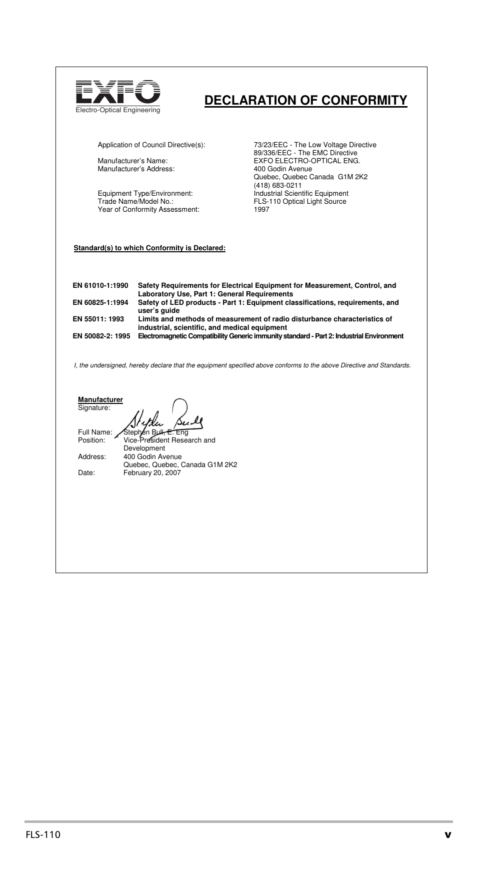 Declaration of conformity, Fls-110 | EXFO FLS-110 Optical Polarized Source User Manual | Page 5 / 18