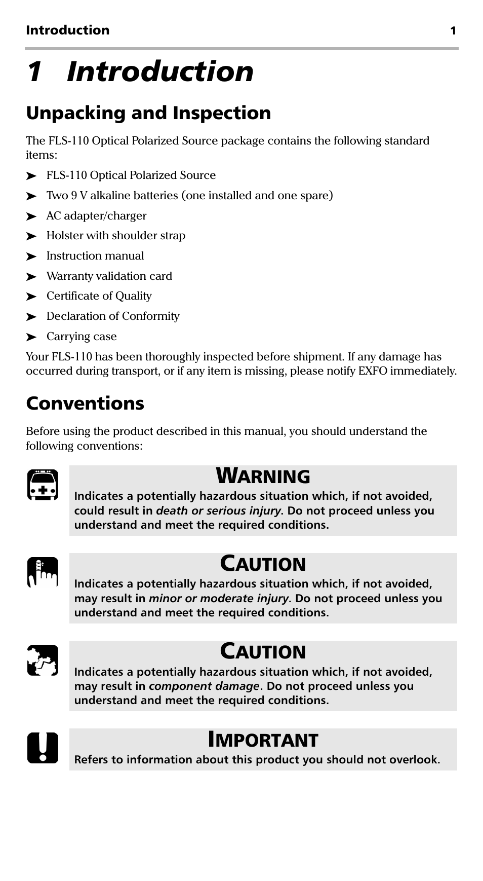 1 introduction, Unpacking and inspection, Conventions | Unpacking and inspection conventions, Arning, Aution, Mportant | EXFO FLS-110 Optical Polarized Source User Manual | Page 6 / 18