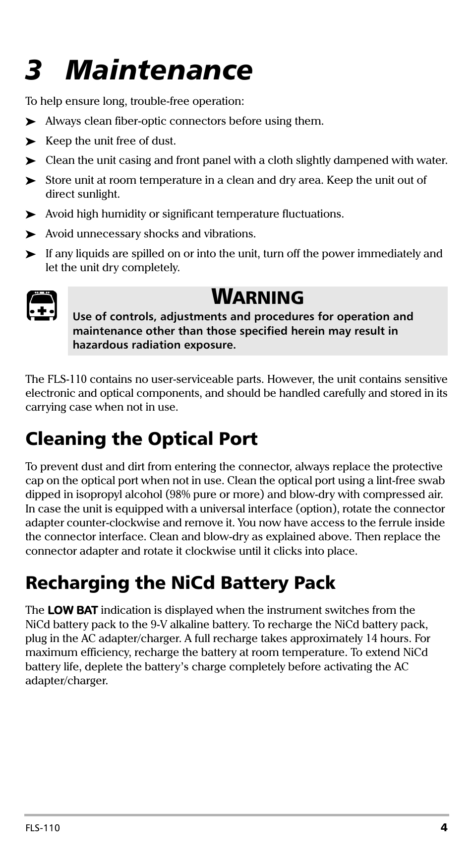 3 maintenance, Cleaning the optical port, Recharging the nicd battery pack | Arning | EXFO FLS-110 Optical Polarized Source User Manual | Page 9 / 18