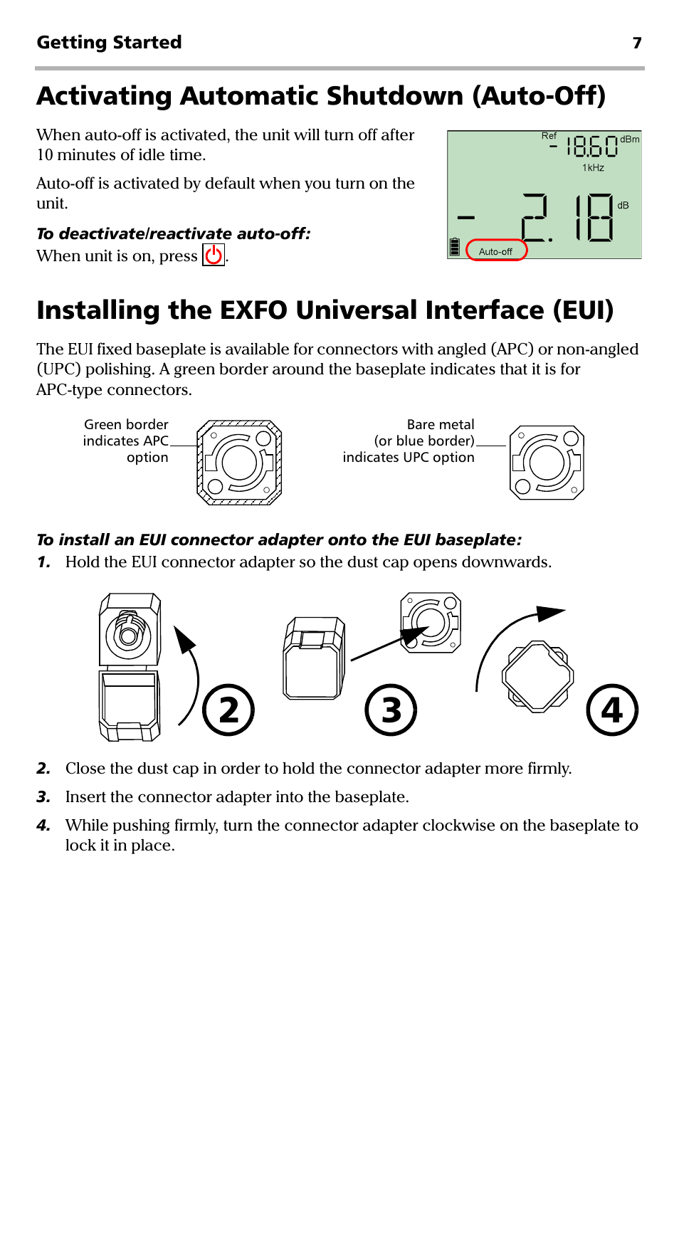 Activating automatic shutdown (auto-off), Installing the exfo universal interface (eui) | EXFO FPM-300 Power Meter User Manual | Page 12 / 40