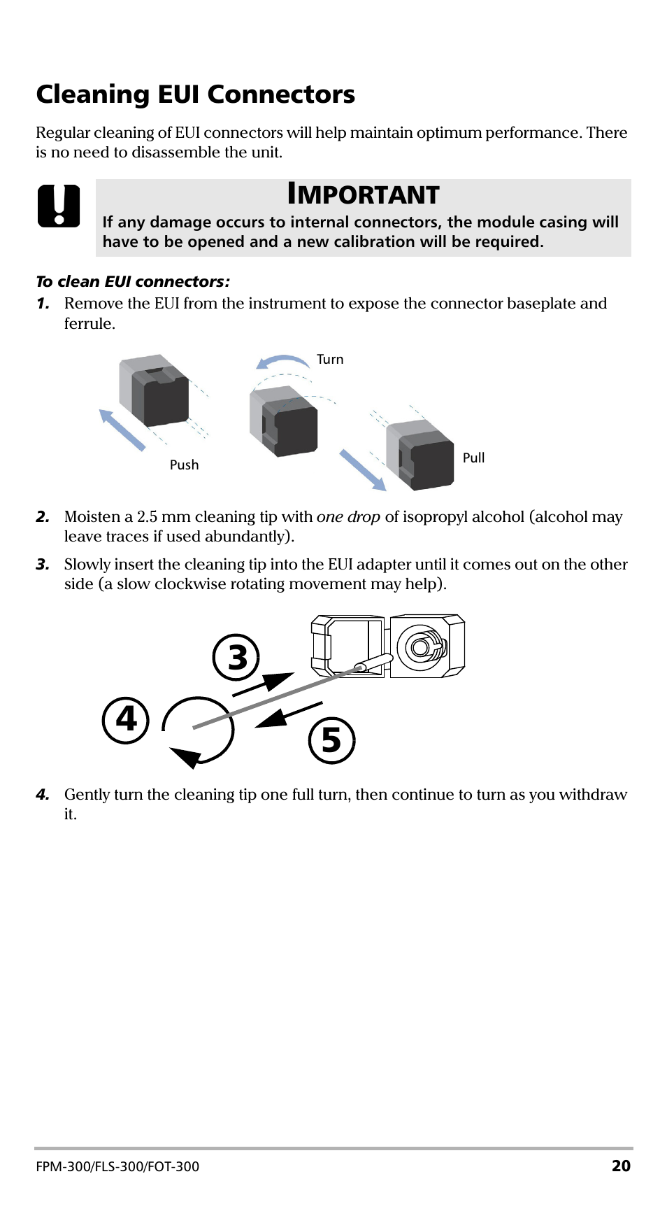 Cleaning eui connectors, Mportant | EXFO FPM-300 Power Meter User Manual | Page 25 / 40