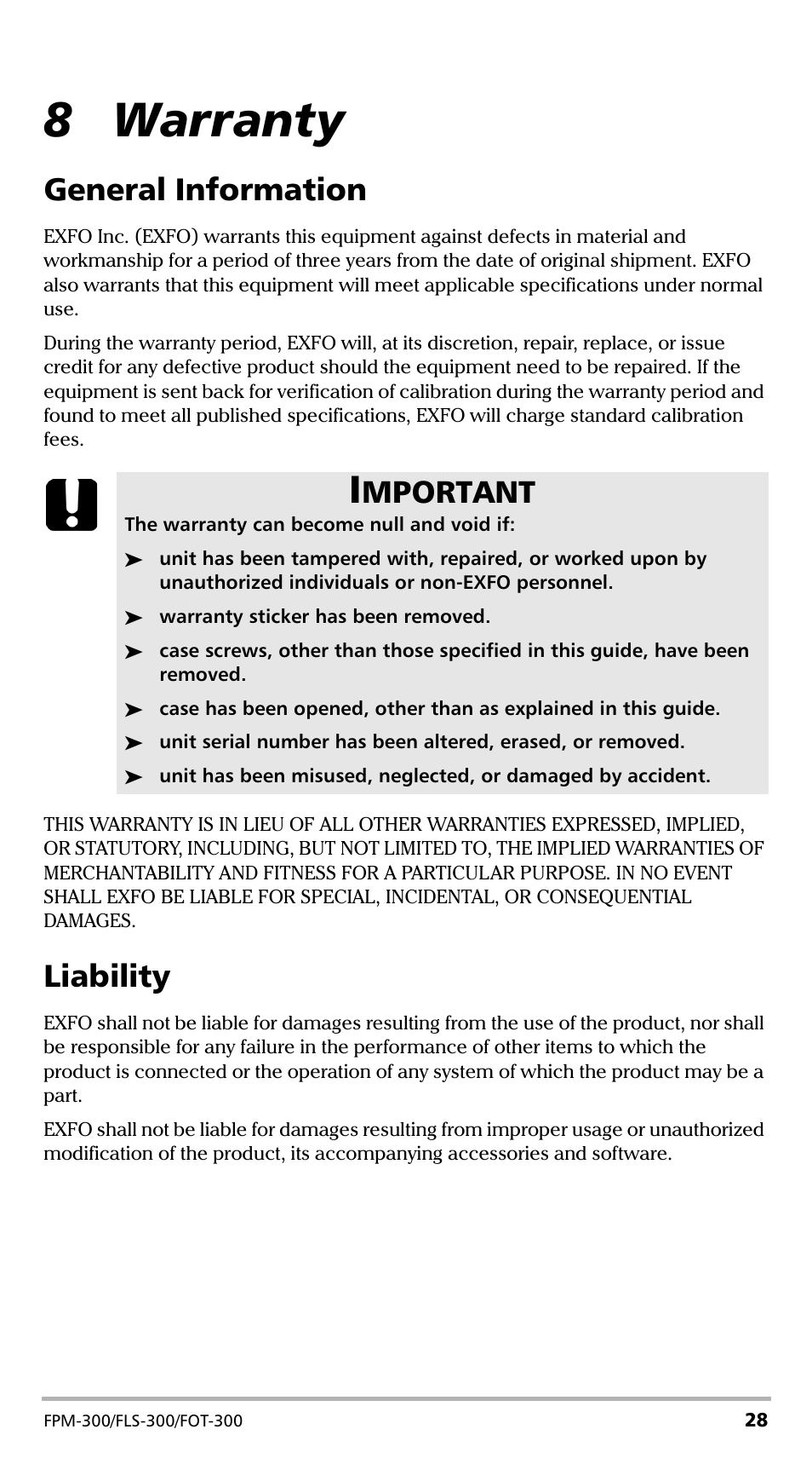 8 warranty, General information, Liability | General information liability, Mportant | EXFO FPM-300 Power Meter User Manual | Page 33 / 40