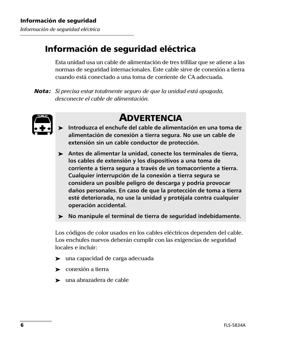 Información de seguridad eléctrica, Dvertencia | EXFO FLS-5800 CD/PMD Analyzer Source User Manual | Page 12 / 106