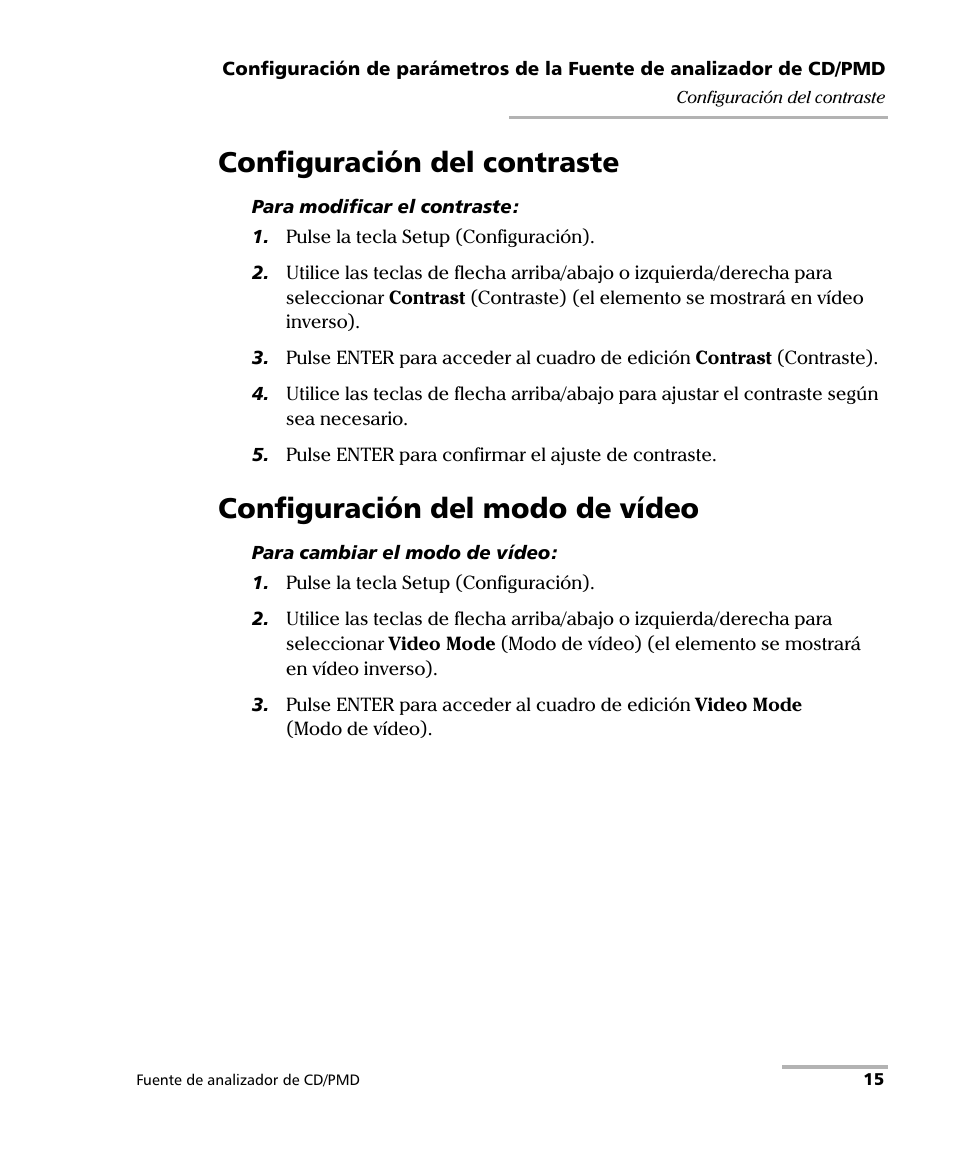 Configuración del contraste, Configuración del modo de vídeo | EXFO FLS-5800 CD/PMD Analyzer Source User Manual | Page 21 / 106
