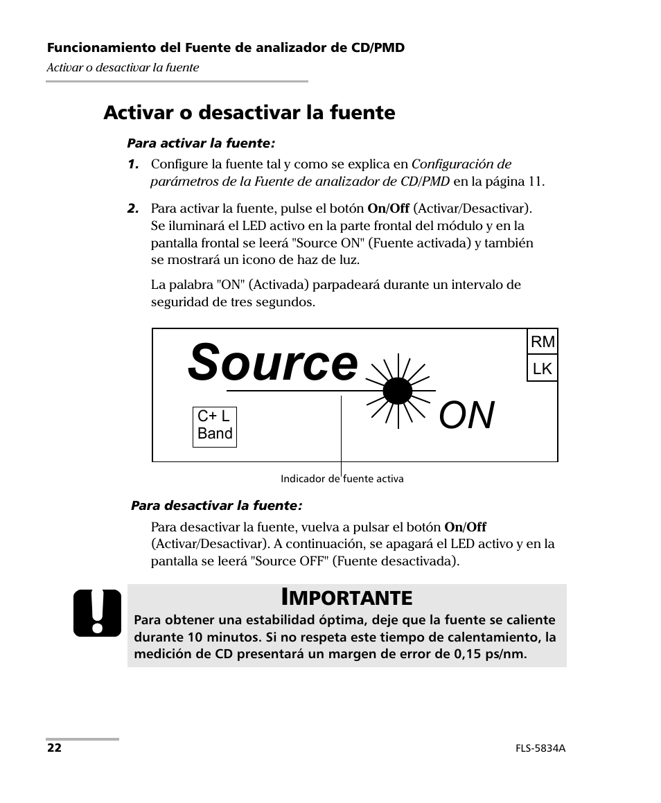 Activar o desactivar la fuente, Source, Mportante | EXFO FLS-5800 CD/PMD Analyzer Source User Manual | Page 28 / 106