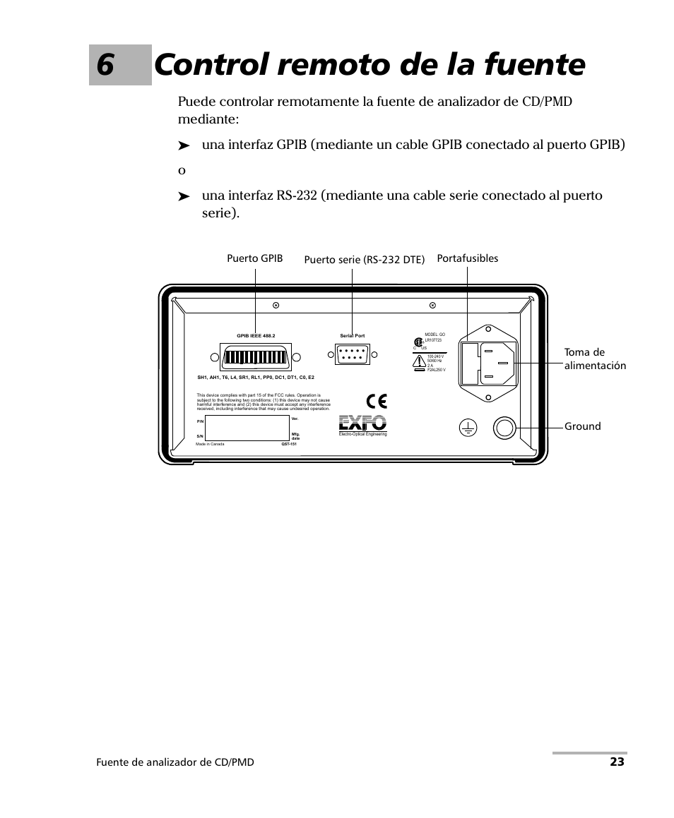 6 control remoto de la fuente, 6control remoto de la fuente, Fuente de analizador de cd/pmd | EXFO FLS-5800 CD/PMD Analyzer Source User Manual | Page 29 / 106