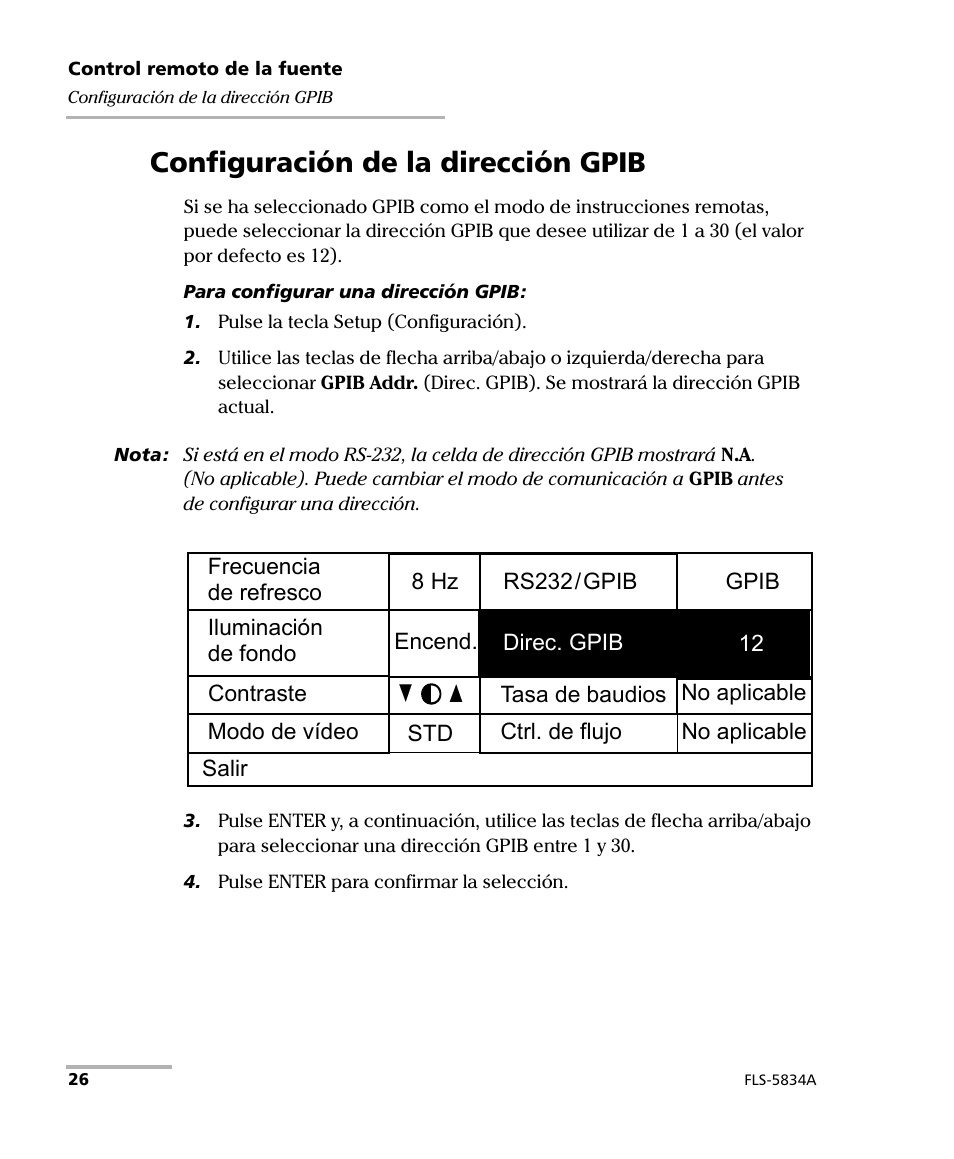 Configuración de la dirección gpib | EXFO FLS-5800 CD/PMD Analyzer Source User Manual | Page 32 / 106