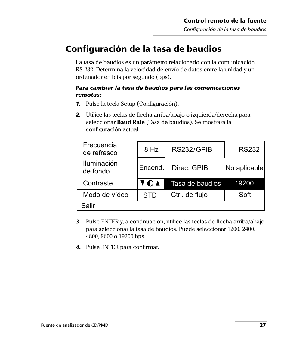 Configuración de la tasa de baudios | EXFO FLS-5800 CD/PMD Analyzer Source User Manual | Page 33 / 106