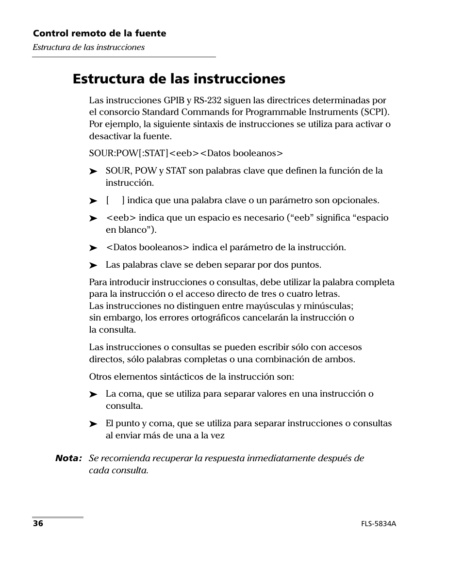 Estructura de las instrucciones | EXFO FLS-5800 CD/PMD Analyzer Source User Manual | Page 42 / 106
