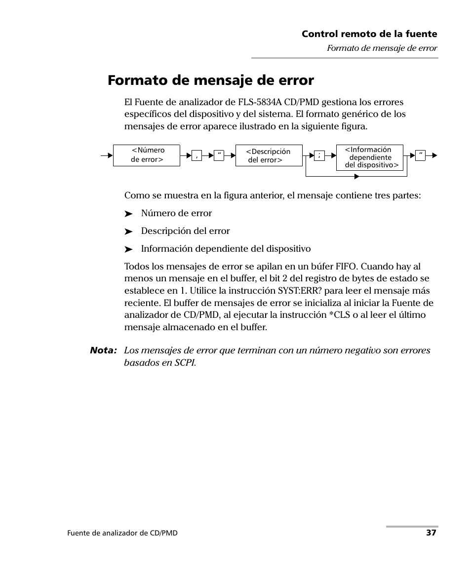 Formato de mensaje de error | EXFO FLS-5800 CD/PMD Analyzer Source User Manual | Page 43 / 106
