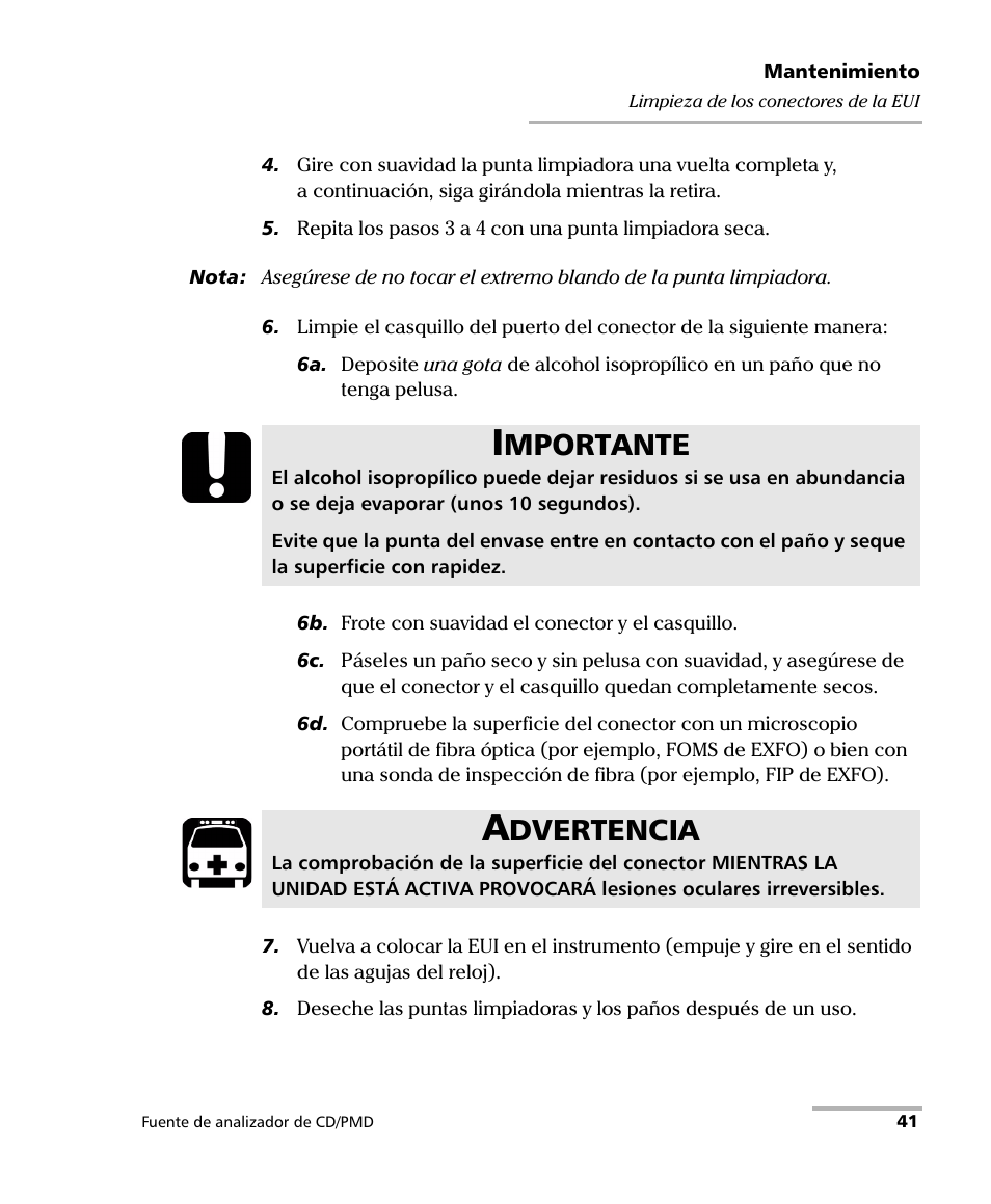 Mportante, Dvertencia | EXFO FLS-5800 CD/PMD Analyzer Source User Manual | Page 47 / 106