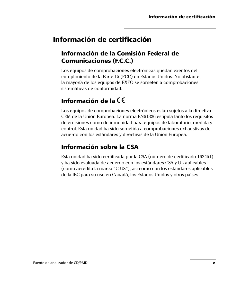 Información de certificación, Información de la, Información sobre la csa | EXFO FLS-5800 CD/PMD Analyzer Source User Manual | Page 5 / 106