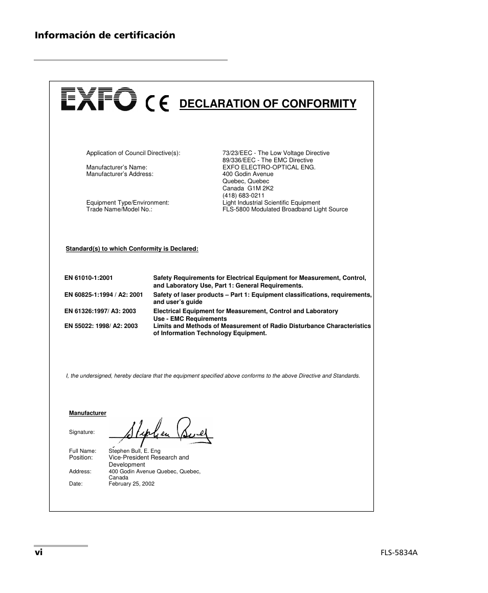 Declaration of conformity, Información de certificación | EXFO FLS-5800 CD/PMD Analyzer Source User Manual | Page 6 / 106