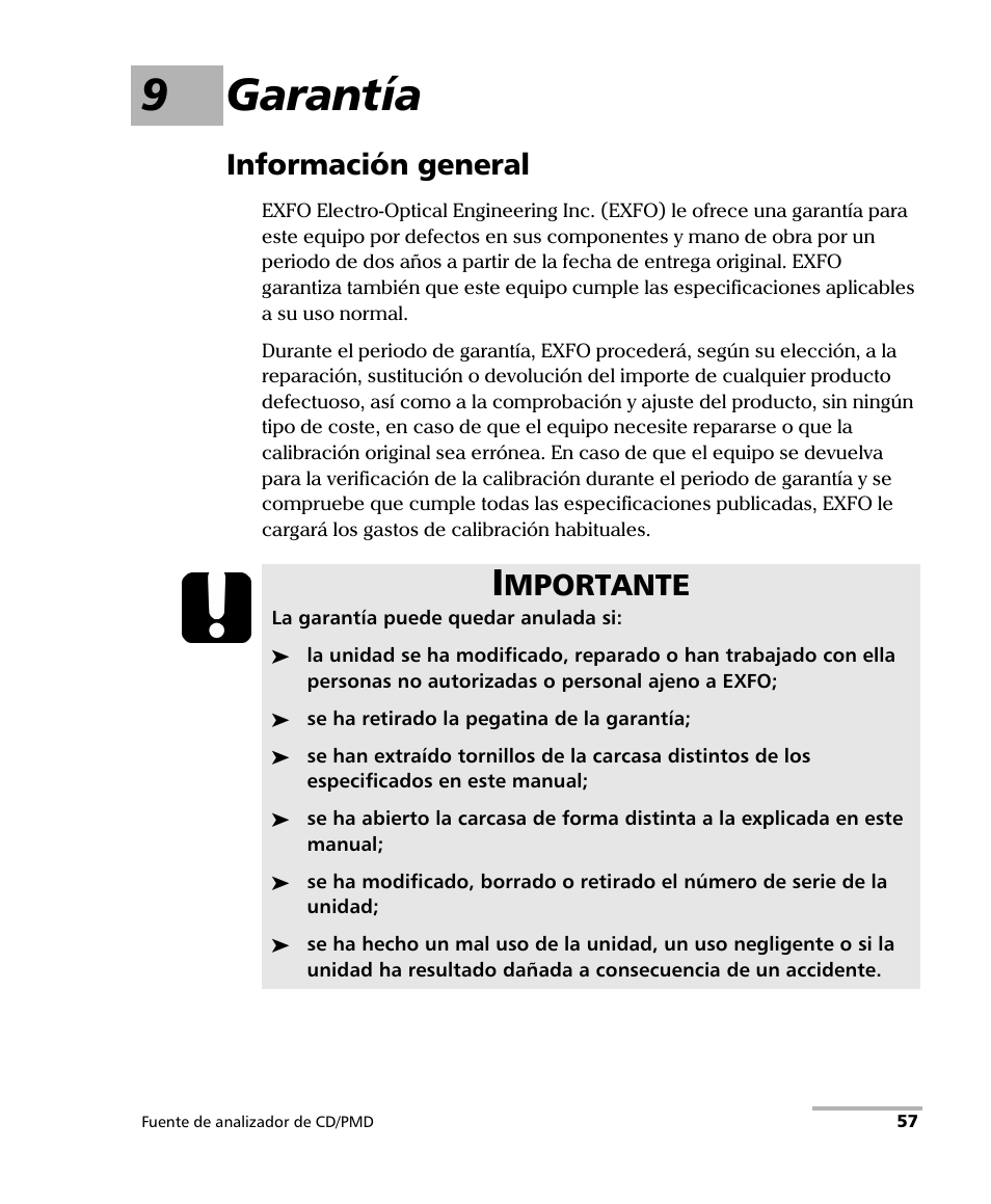 9 garantía, Información general, 9garantía | Mportante | EXFO FLS-5800 CD/PMD Analyzer Source User Manual | Page 63 / 106