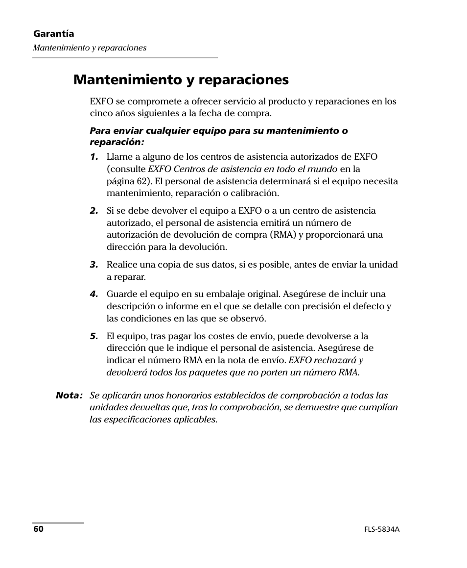 Mantenimiento y reparaciones | EXFO FLS-5800 CD/PMD Analyzer Source User Manual | Page 66 / 106