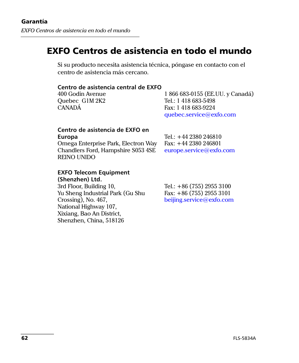 Exfo centros de asistencia en todo el mundo | EXFO FLS-5800 CD/PMD Analyzer Source User Manual | Page 68 / 106