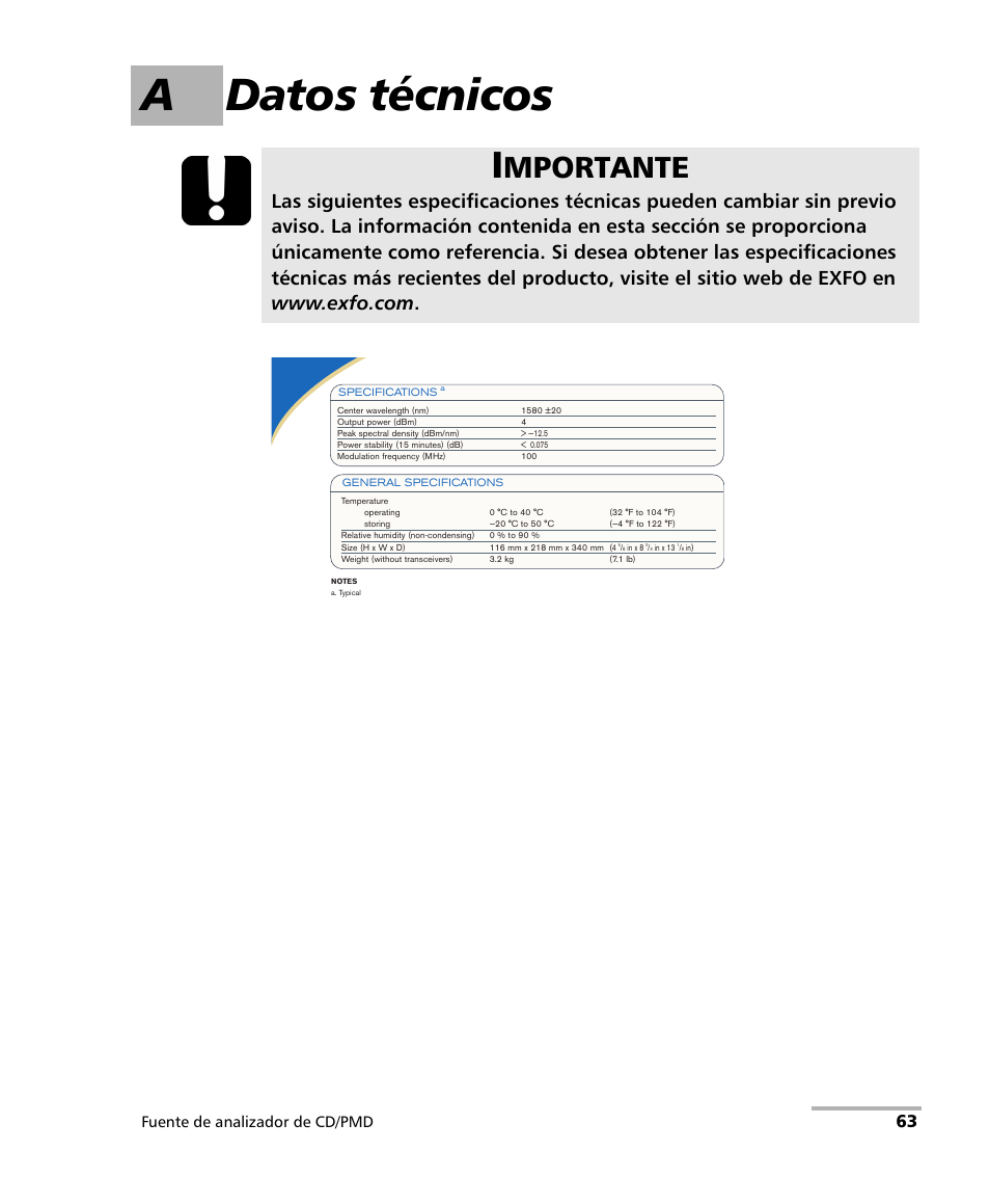 A datos técnicos, Mportante, Fuente de analizador de cd/pmd | EXFO FLS-5800 CD/PMD Analyzer Source User Manual | Page 69 / 106