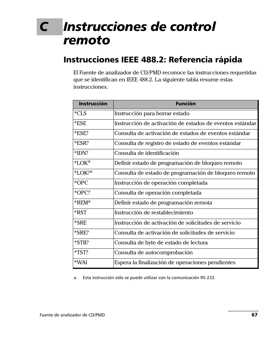 C instrucciones de control remoto, Instrucciones ieee 488.2: referencia rápida | EXFO FLS-5800 CD/PMD Analyzer Source User Manual | Page 73 / 106