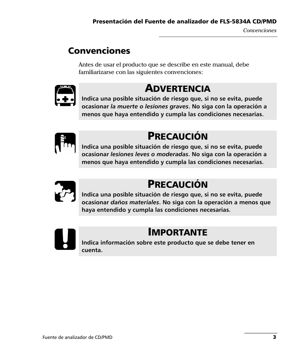 Convenciones, Dvertencia, Recaución | Mportante | EXFO FLS-5800 CD/PMD Analyzer Source User Manual | Page 9 / 106
