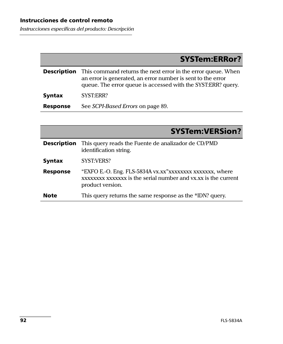 System:error, System:version | EXFO FLS-5800 CD/PMD Analyzer Source User Manual | Page 98 / 106