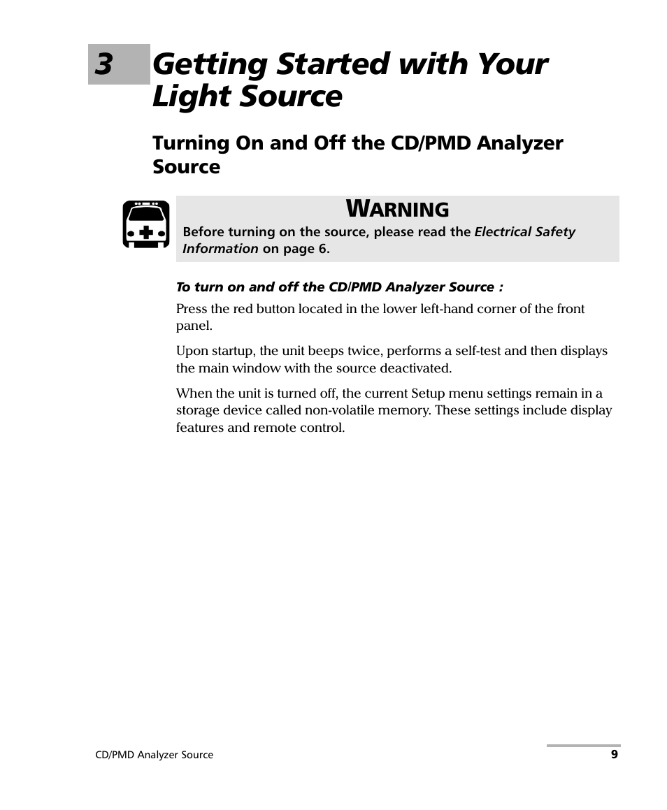 3 getting started with your light source, Turning on and off the cd/pmd analyzer source, 3getting started with your light source | EXFO FLS-5800 CD/PMD Analyzer Source User Manual | Page 15 / 98