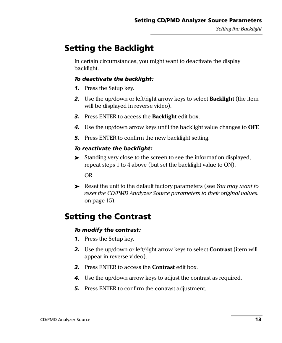 Setting the backlight, Setting the contrast, Setting the backlight setting the contrast | EXFO FLS-5800 CD/PMD Analyzer Source User Manual | Page 19 / 98